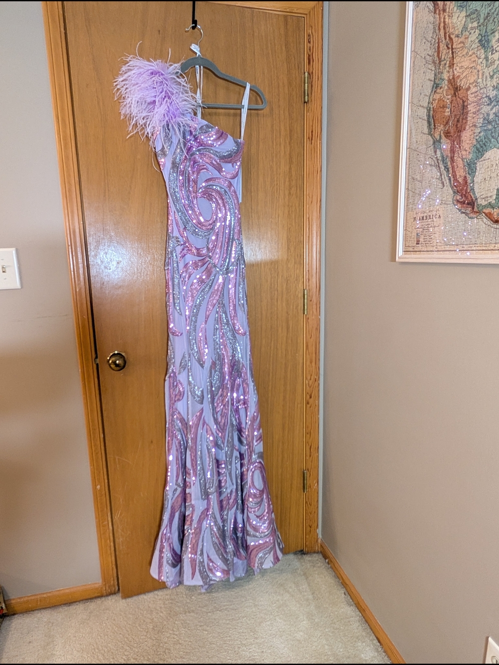 Jovani Lavender and Silver One-Shoulder Sequin Gown with Feather Accent Size 0